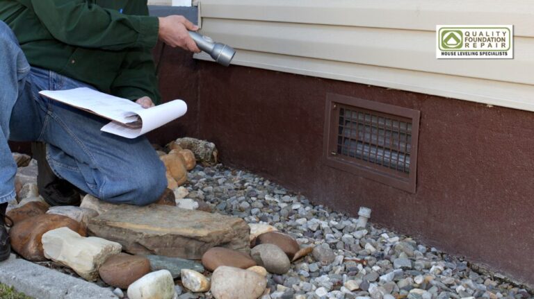 Quality Foundation Repair Austin technician recording readings at a crawl space vent.