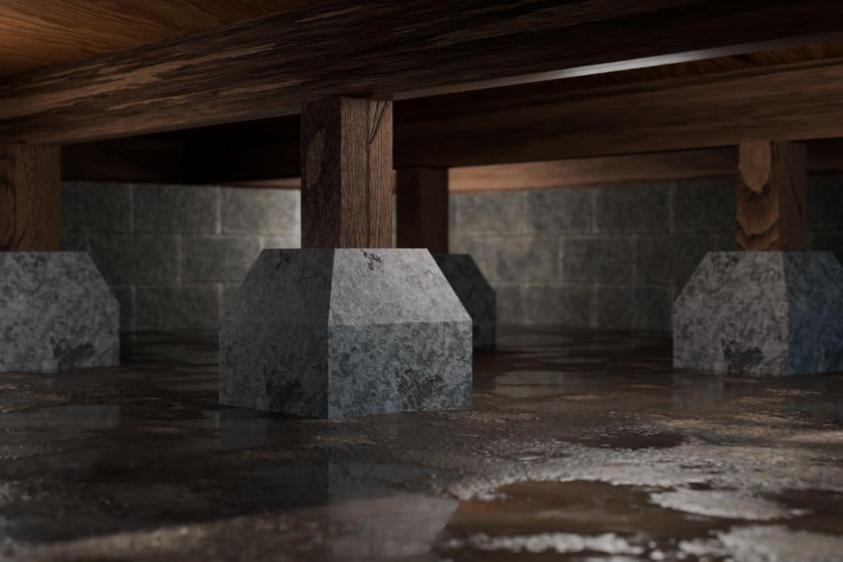 Quality Foundation Repair Austin inspecting a wet crawl space with standing water around concrete support piers.