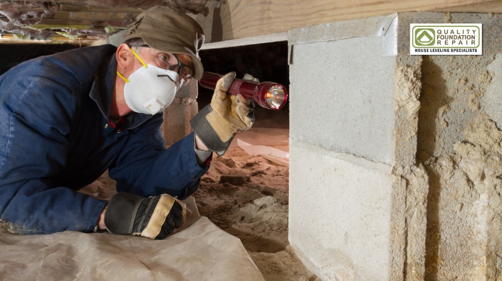 Quality Foundation Repair Austin technician in a respirator entering a crawl space to inspect it.