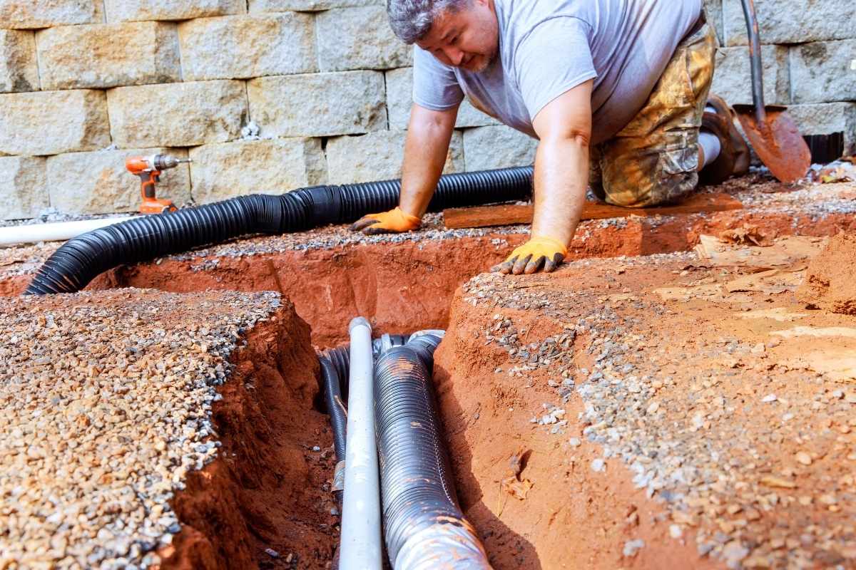 Quality Foundation Repair Austin laying drainage pipe in a trench to carry roof water away.