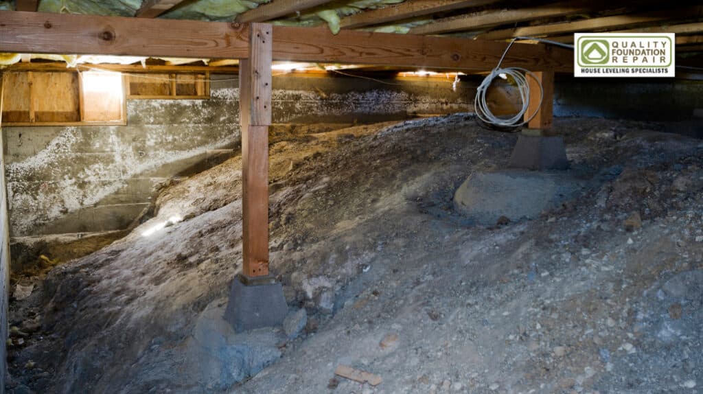 Quality Foundation Repair Austin inspecting an unsealed crawl space with exposed soil and moisture damage.