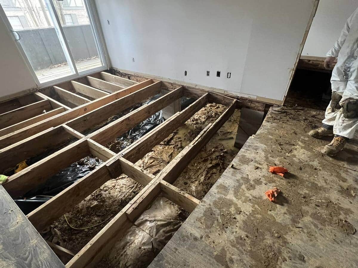 Ground Up Foundation Repair, Waterproofing and Concrete Leveling assessing severe basement flooding with exposed floor joists