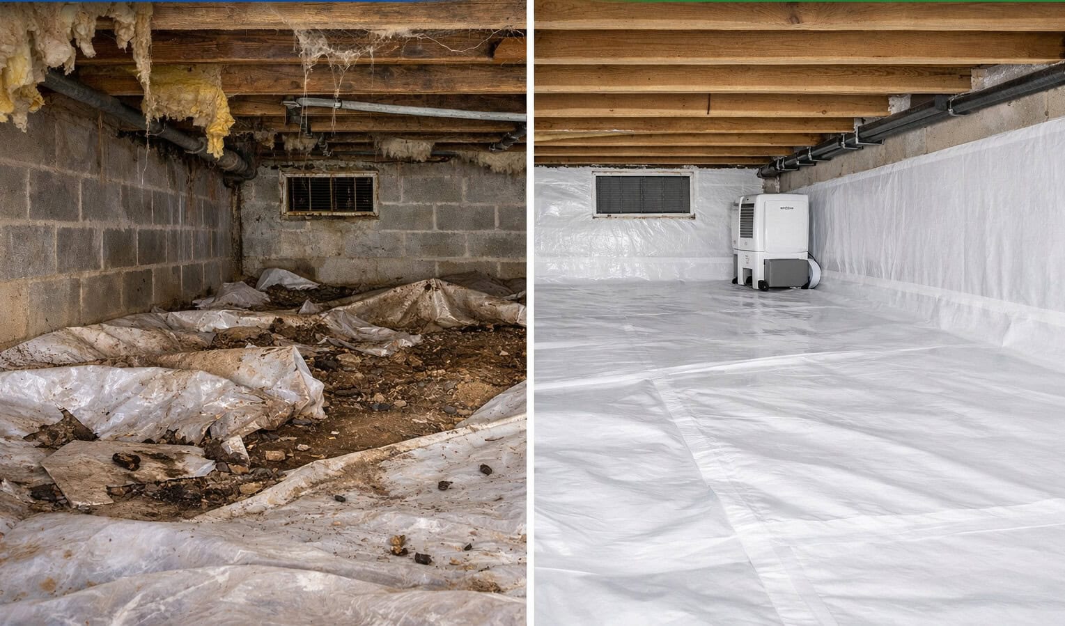 Ground Up Foundation Repair, Waterproofing and Concrete Leveling transforming a crawl space with encapsulation and vapor barr