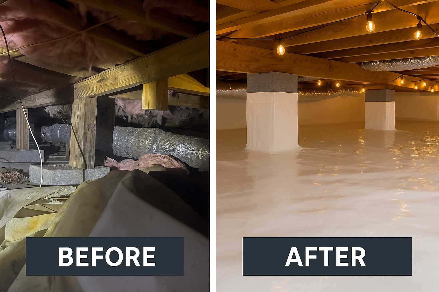 Ground Up Foundation Repair, Waterproofing and Concrete Leveling showcasing a before and after crawl space encapsulation with