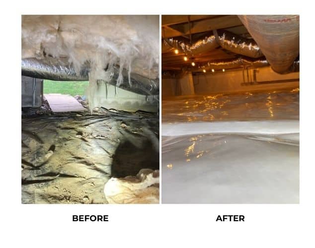 A damp, moisture affected crawl space before vapor barrier installation.