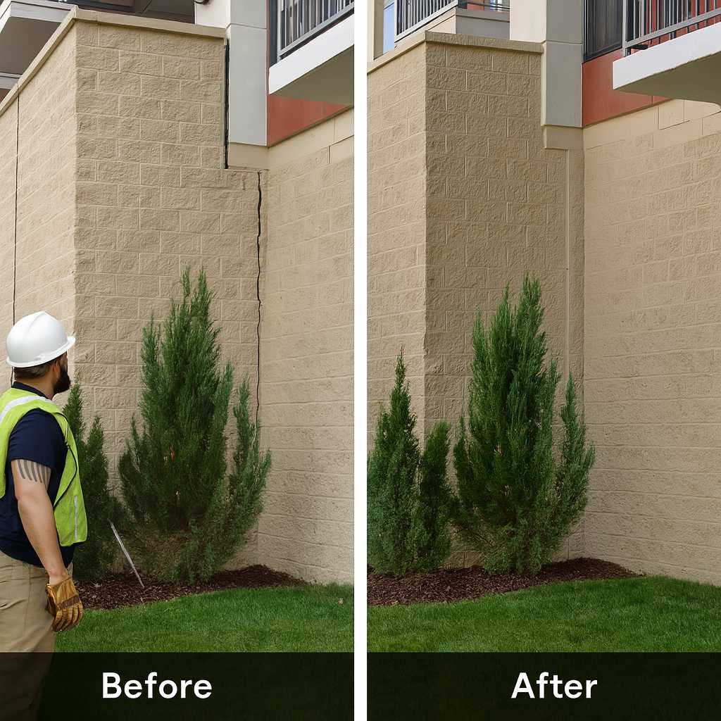 A technician inspecting a vertical crack in a commercial building foundation.