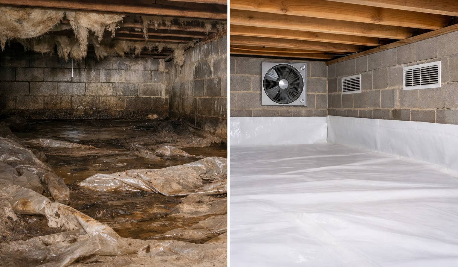 Standing water and damaged insulation before crawl space waterproofing.