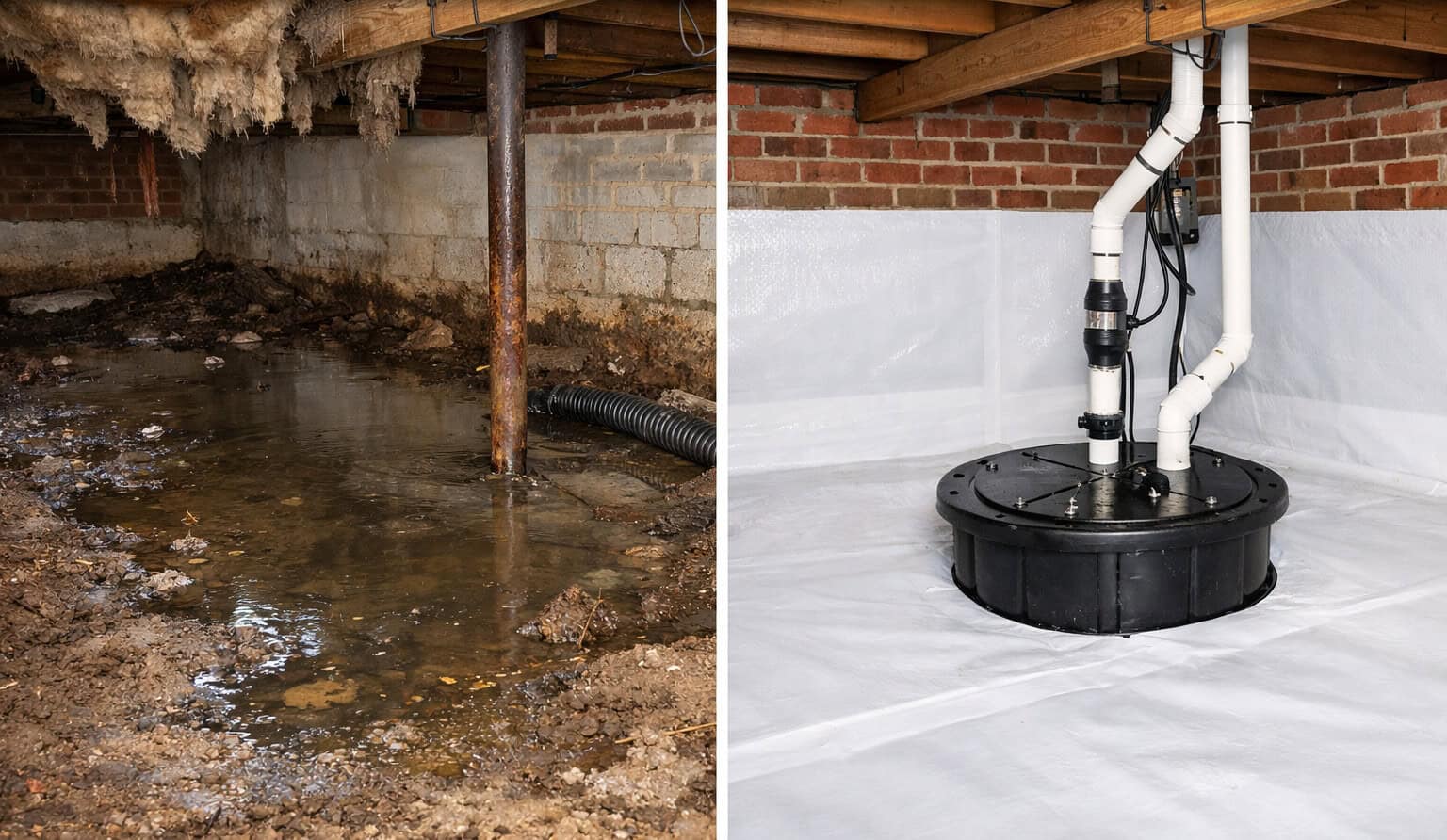 Standing water and damaged insulation in a wet crawl space.