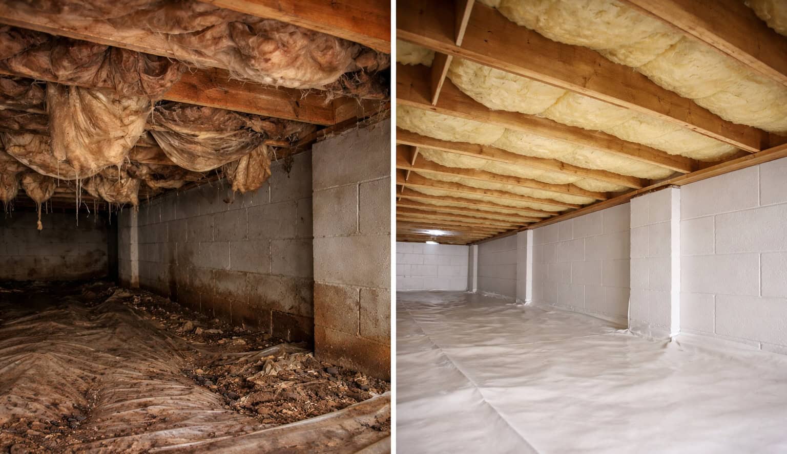 Ground Up Foundation Repair, Waterproofing and Concrete Leveling transforming a crawl space with new vapor barrier and insula