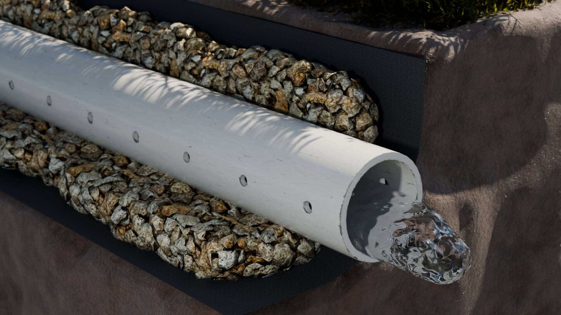Ground Up Foundation Repair, Waterproofing and Concrete Leveling installing exterior French drain system with perforated pipe