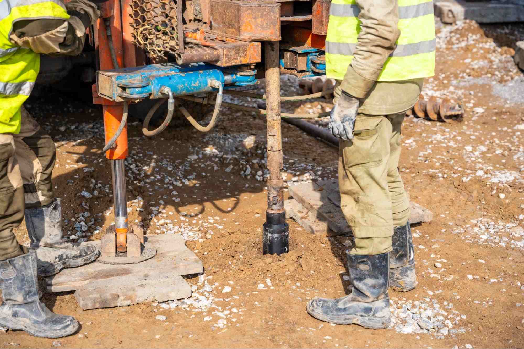 Crew in hi-vis safety vests operating a drilling rig for foundation work.