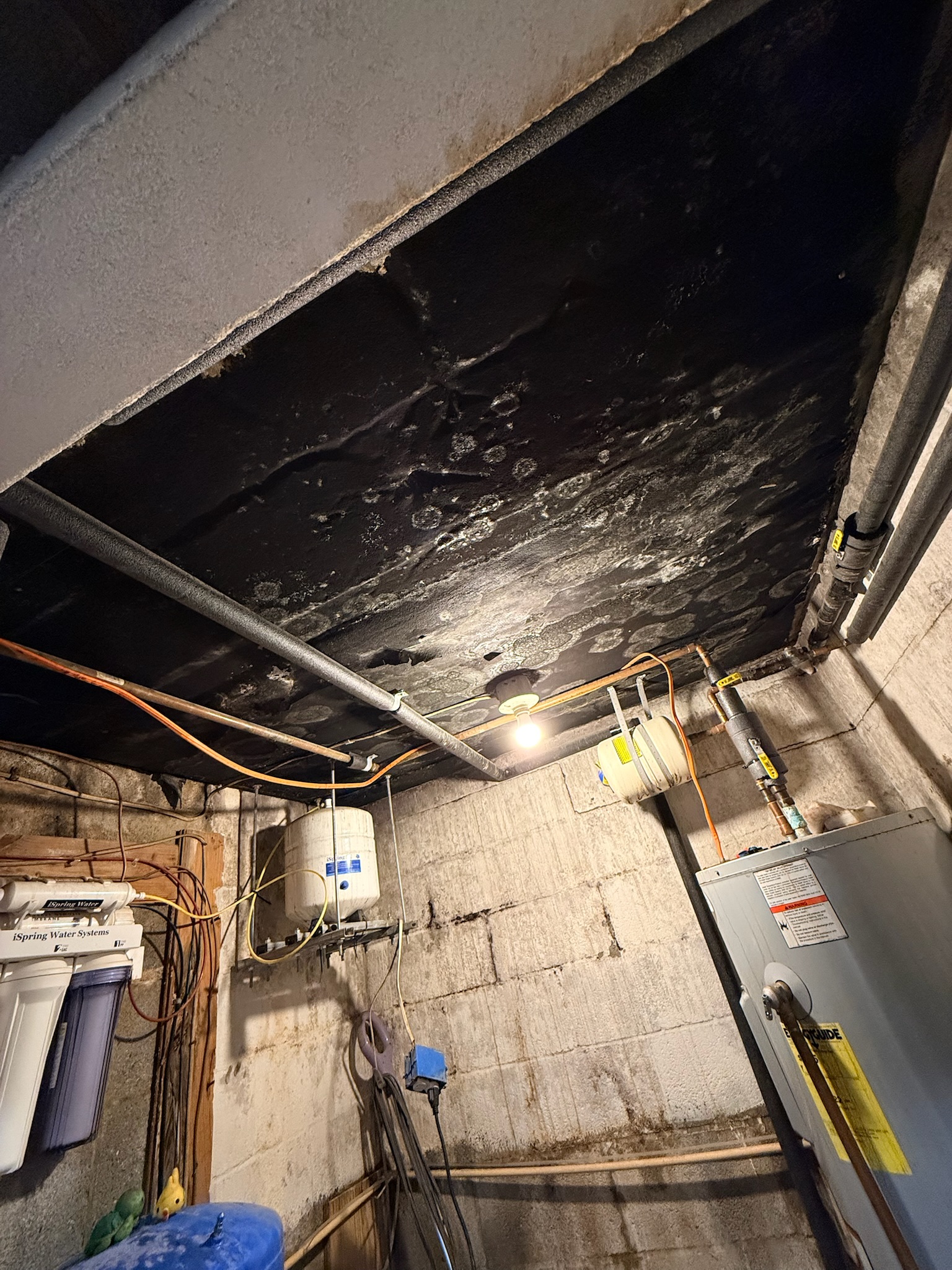 Moisture staining on a crawl space foundation wall from multiple contributing pathways in Maryland