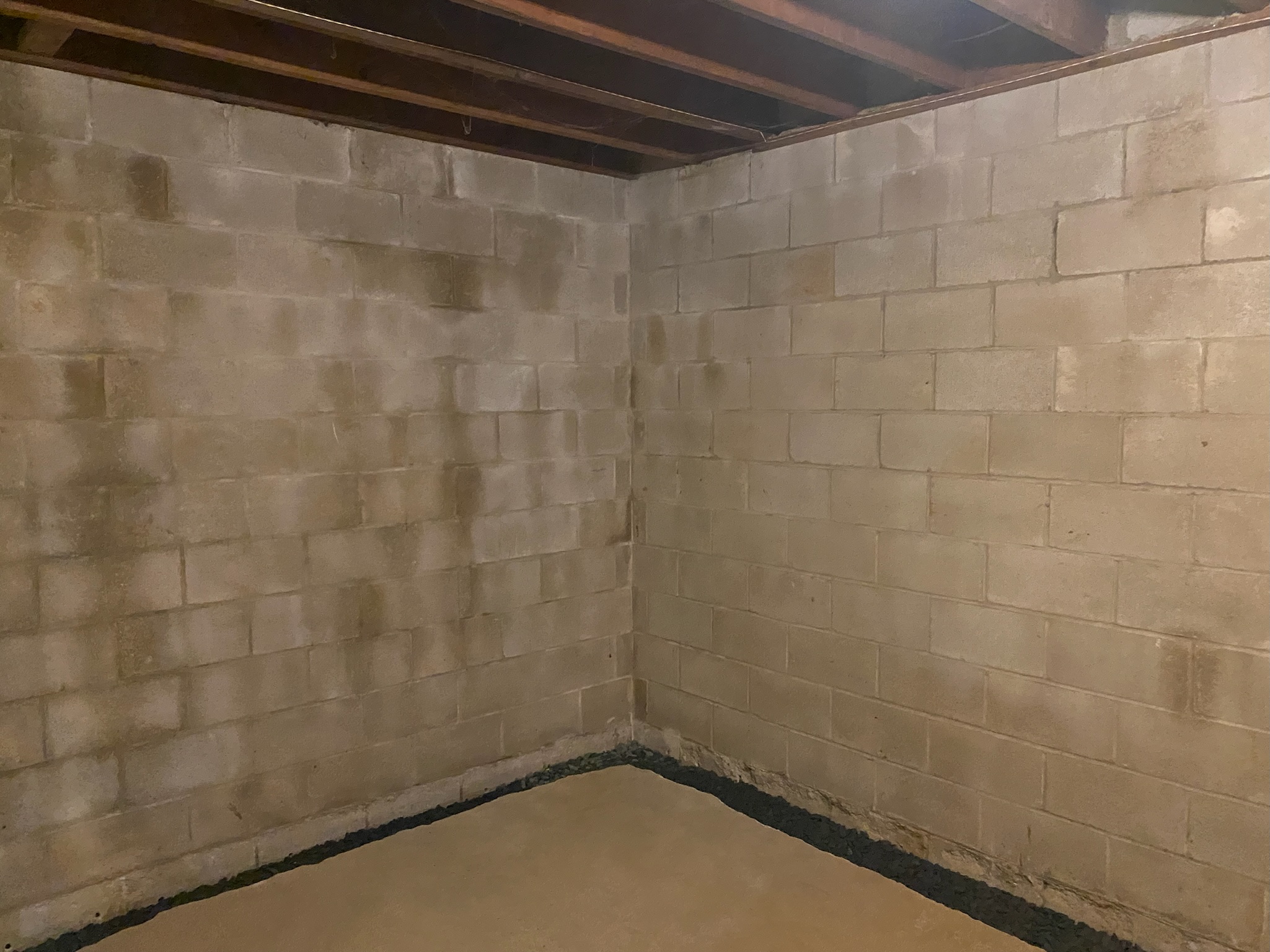 Moisture stains and water seepage on a damp Maryland basement wall