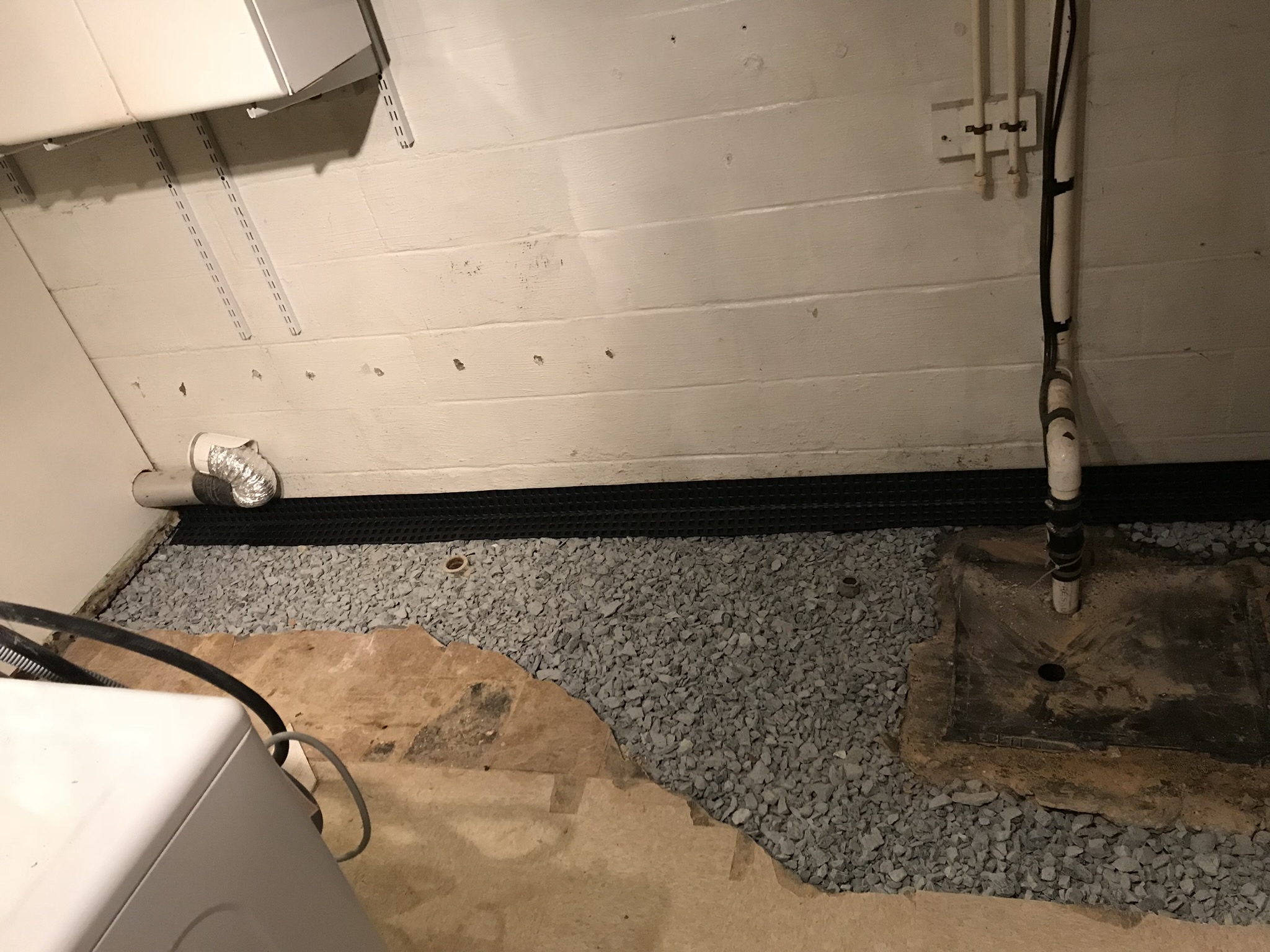 Gravel bed and drain line in an open interior perimeter trench
