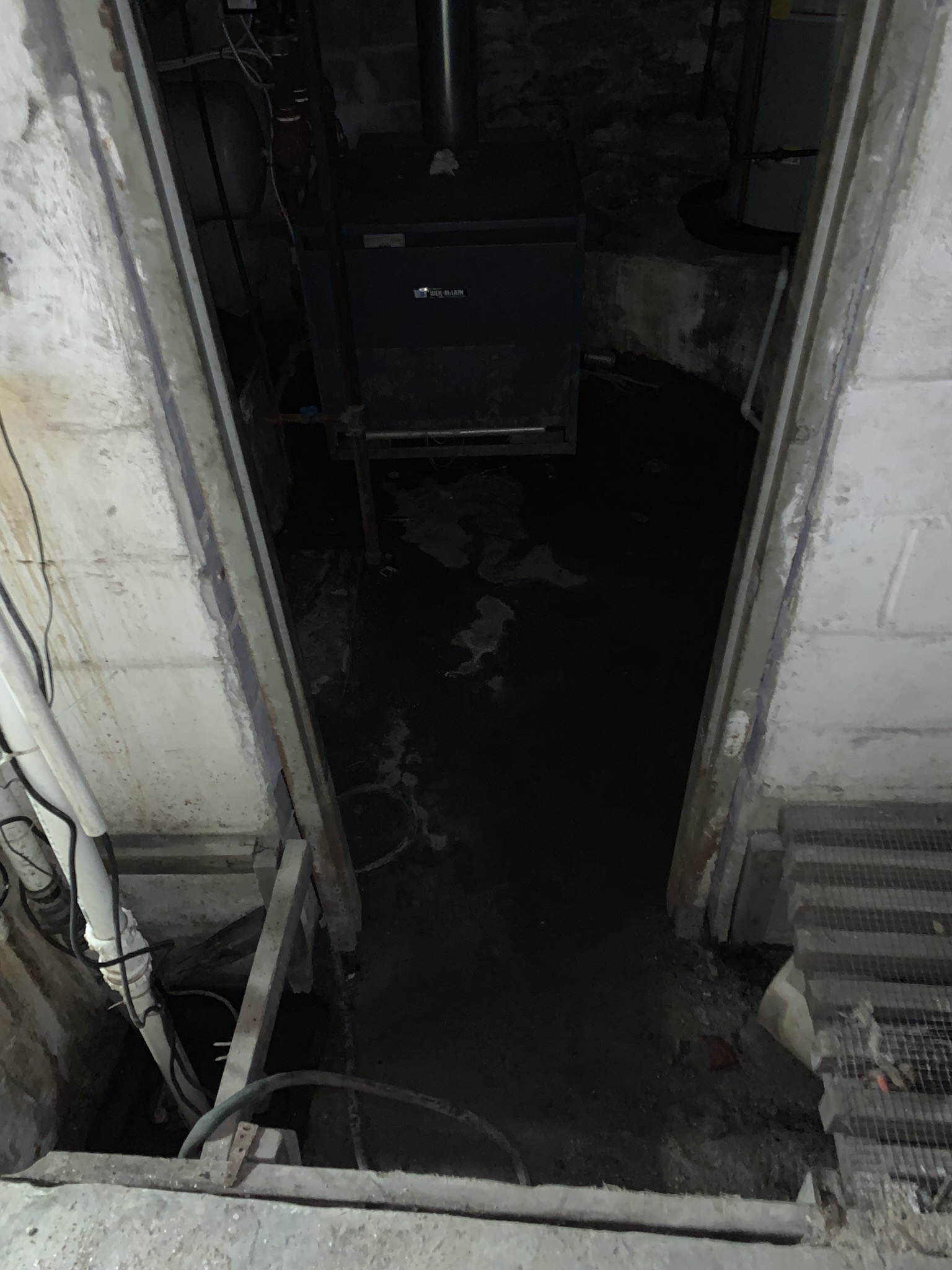 Standing water and dark, damp conditions in a flooded Maryland basement