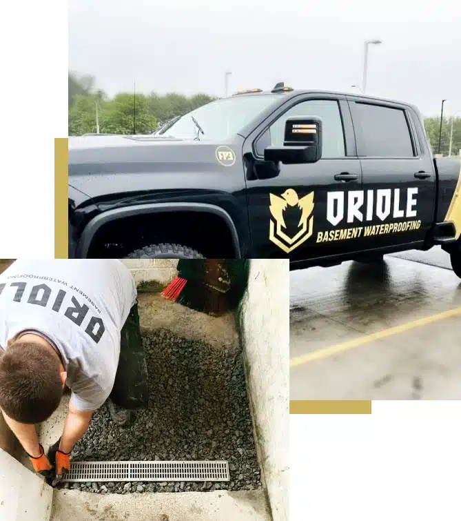Oriole Basement Waterproofing technician installing a crawl space drainage system beside a branded company truck