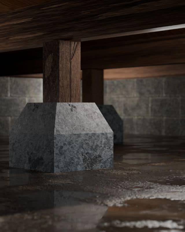 Quality Foundation Repair Austin inspecting a wet crawl space with standing water around concrete support piers.