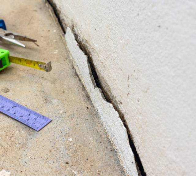Quality Foundation Repair Austin inspecting a deep crack in a concrete foundation wall with measuring tape and tools.