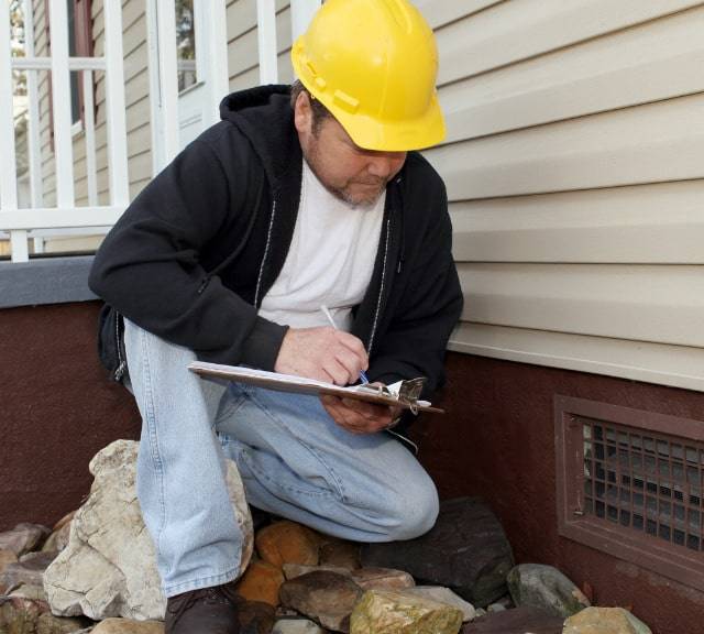 Quality Foundation Repair Austin technician performing a home foundation inspection near a crawl space vent, documenting find