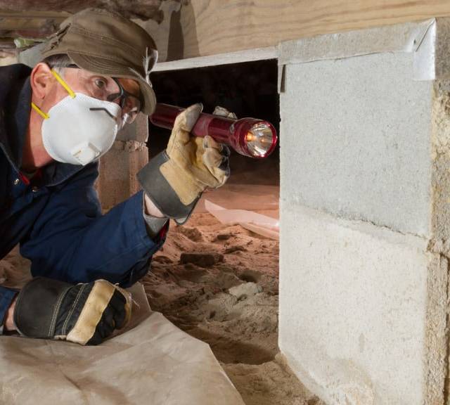 Quality Foundation Repair Austin technician inspecting a crawl space with a flashlight for structural issues.
