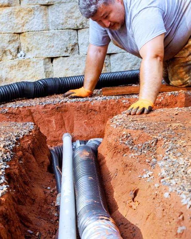 Quality Foundation Repair Austin installing drainage pipes in an excavated trench for crawl space moisture control.