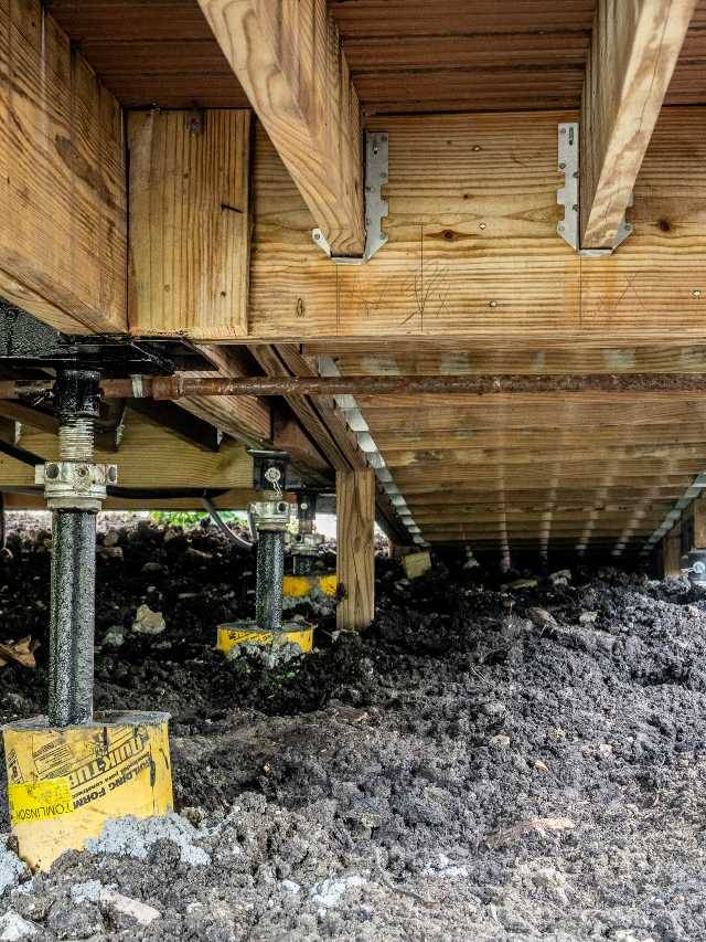 Quality Foundation Repair Austin installing adjustable steel jacks and piers for isolated pier repair and leveling in a crawl