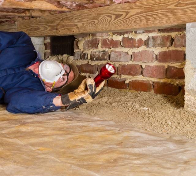 Quality Foundation Repair Austin technician performing a crawl space inspection, shining a flashlight on a brick foundation w