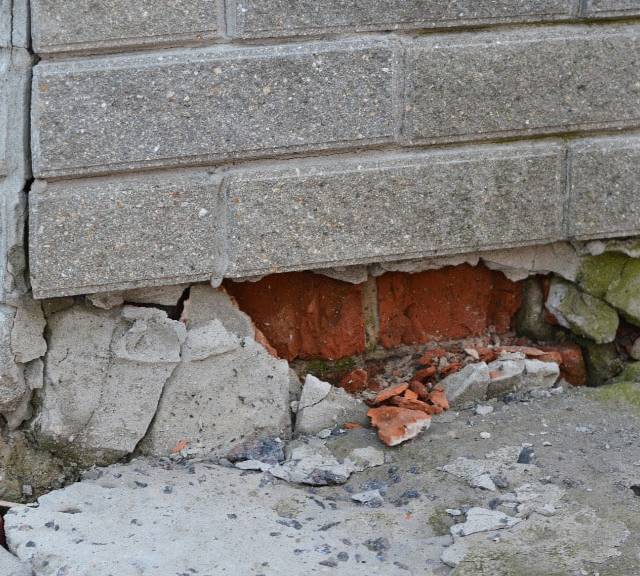 Quality Foundation Repair Austin inspecting severe cracked block foundation with crumbling concrete and exposed brick on an e