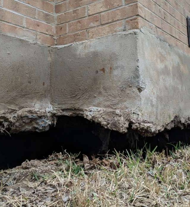 Quality Foundation Repair Austin inspecting crumbling foundation wall with exposed piers due to severe deterioration.