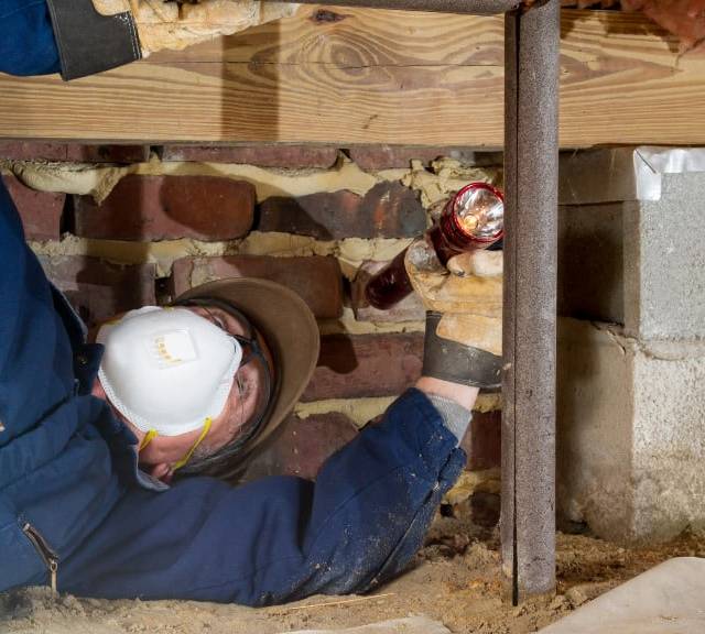 Quality Foundation Repair Austin technician inspecting brick foundation in a crawl space with a flashlight.